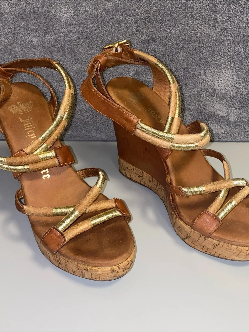 Juicy Couture Brown Gold Strap Cork Wedge Sandals 6.5